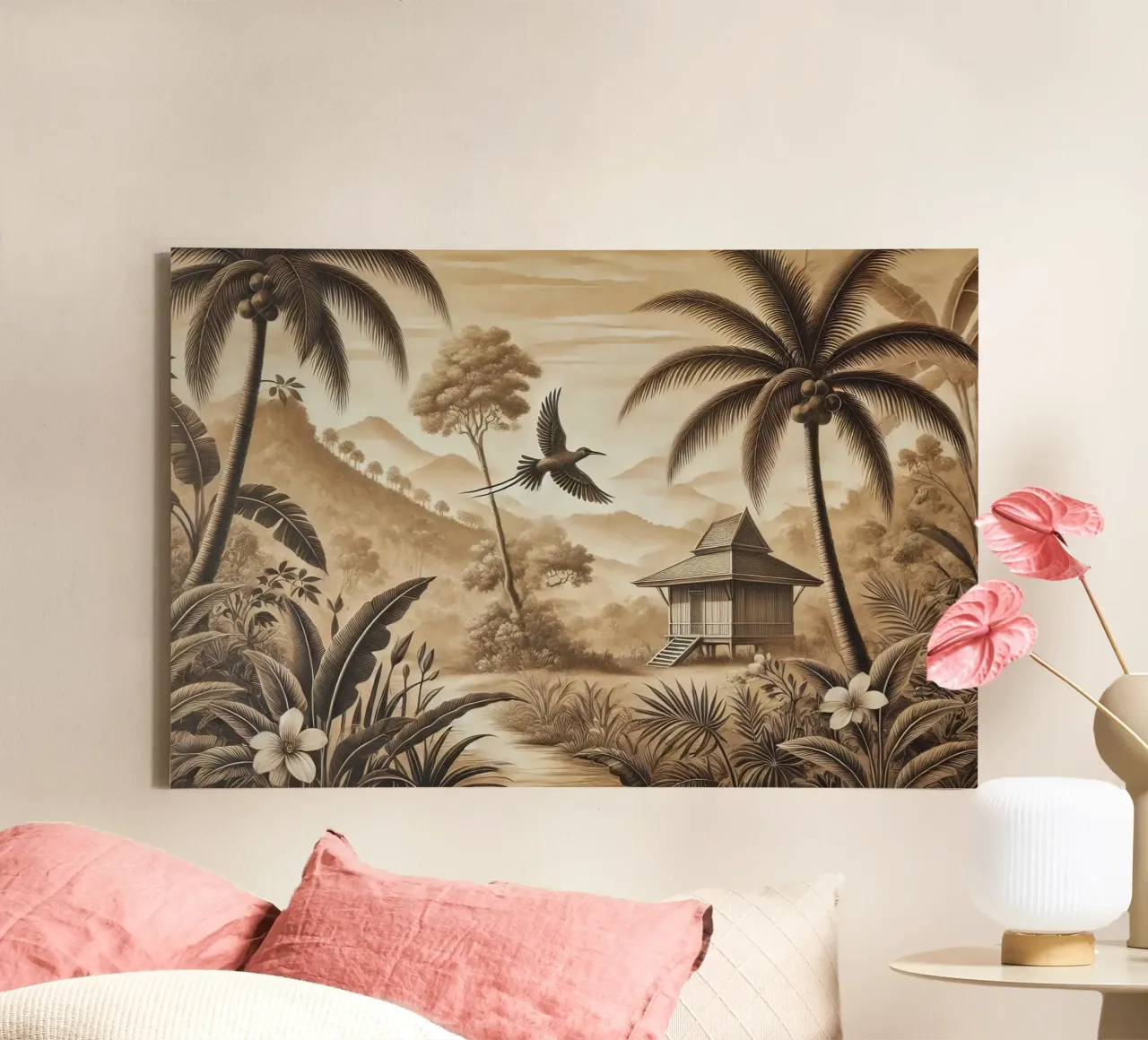 Vogel tussen palmbomen in tropische scène canvas met Baklijst van Chromatic Fusion Studio