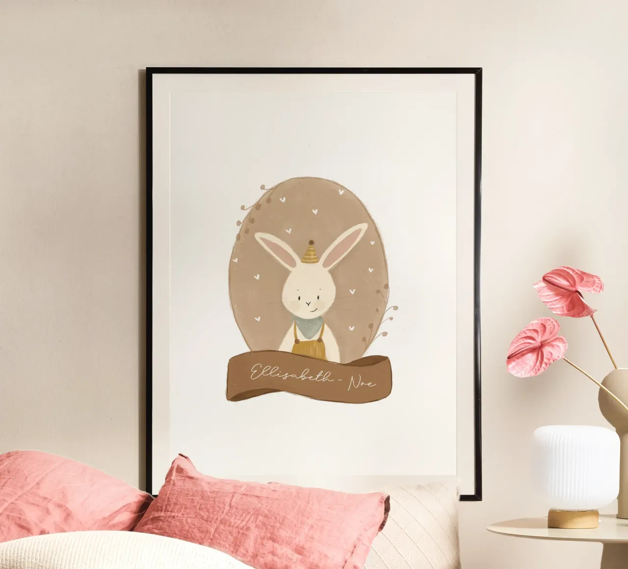 Illustrazione di animali vintage - coniglio con personalizzazione poster con telaio in legno da youdiful
