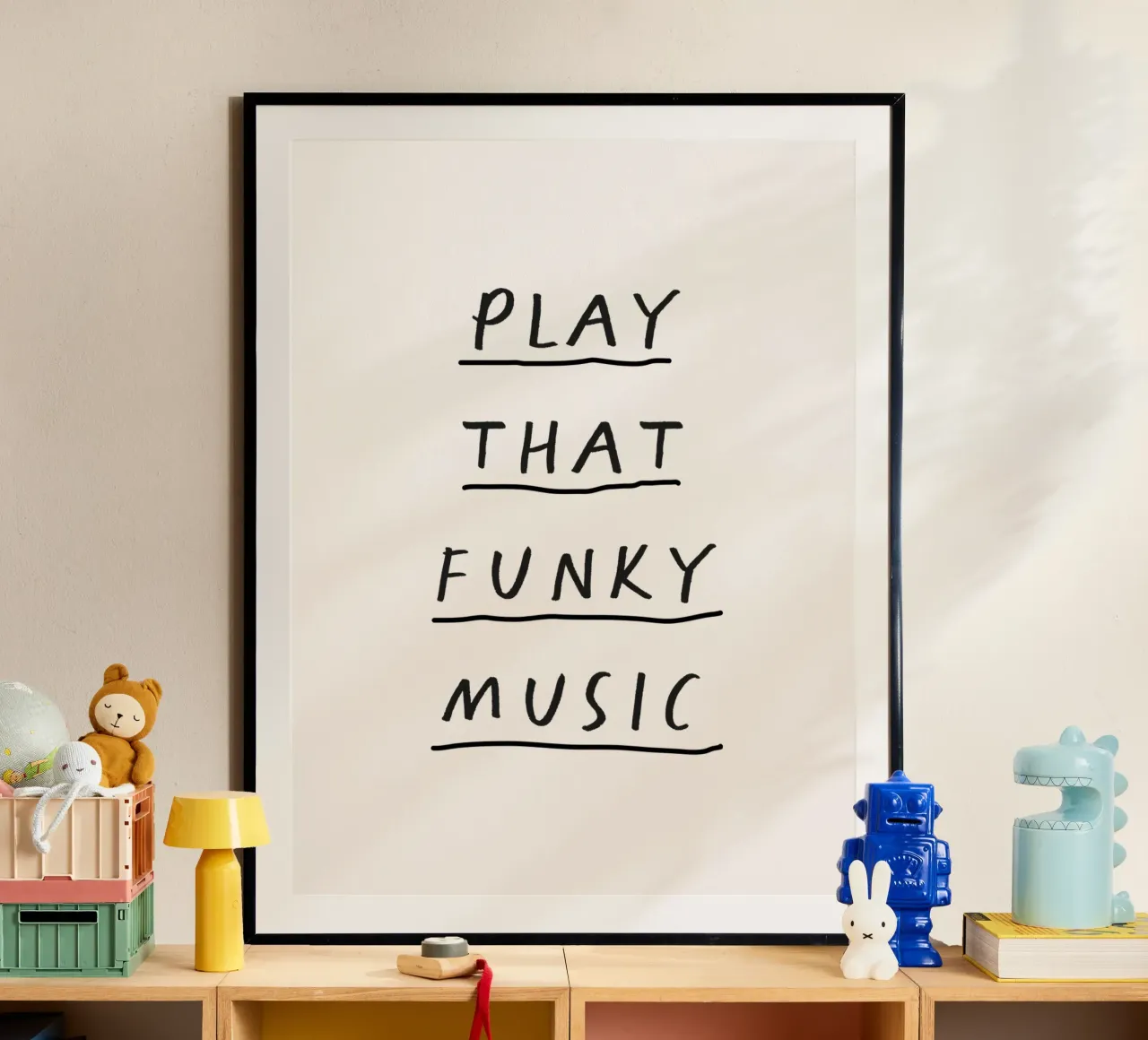 Play That Funky Music Whimsical Minimalist Typography Design poster with aluminum frame by THE MOTIVATED TYPE