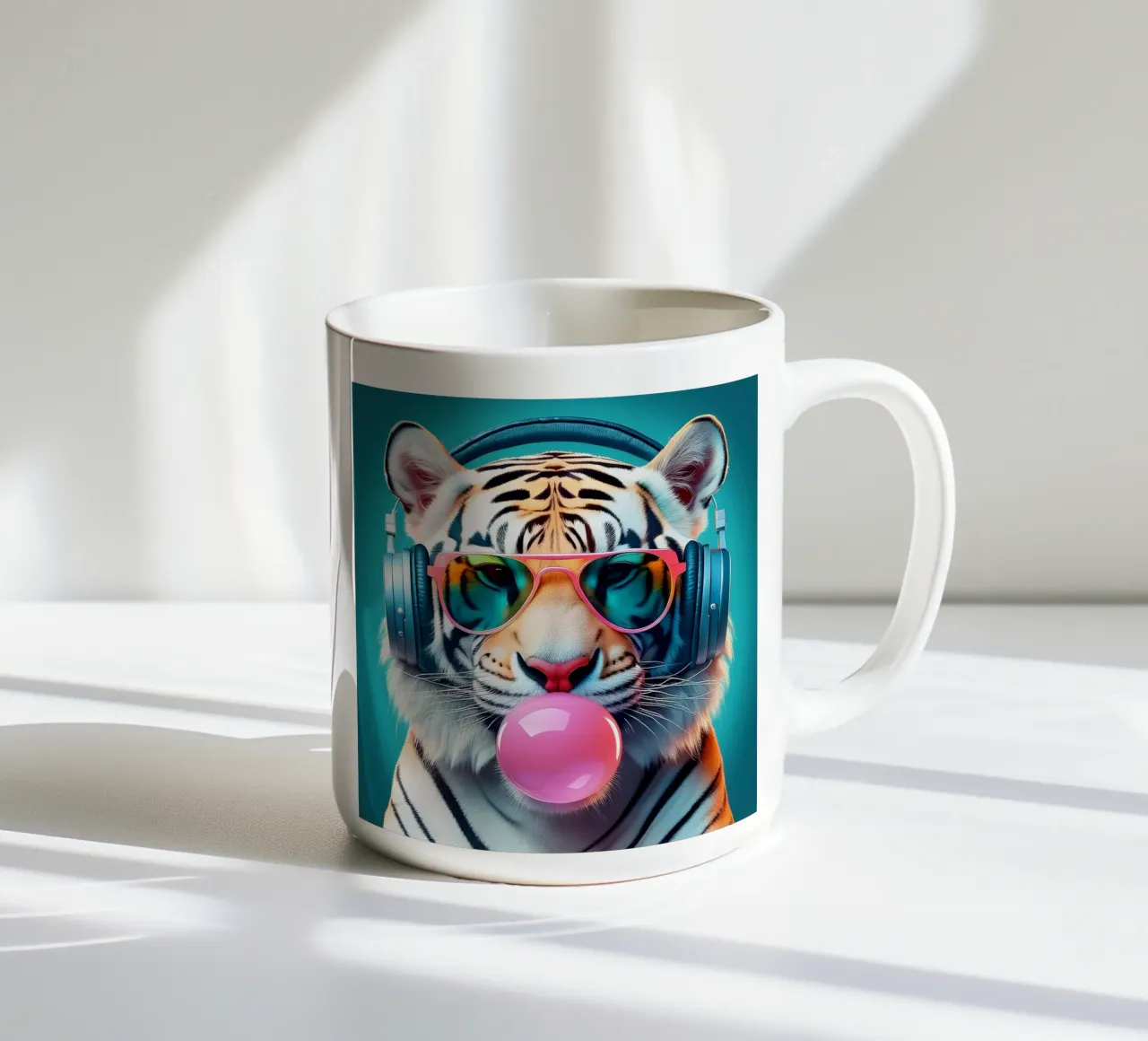 Cool Tiger Art Print – Funky Headphones & Bubble Gum ceramic mug by FlexiDesignsByK