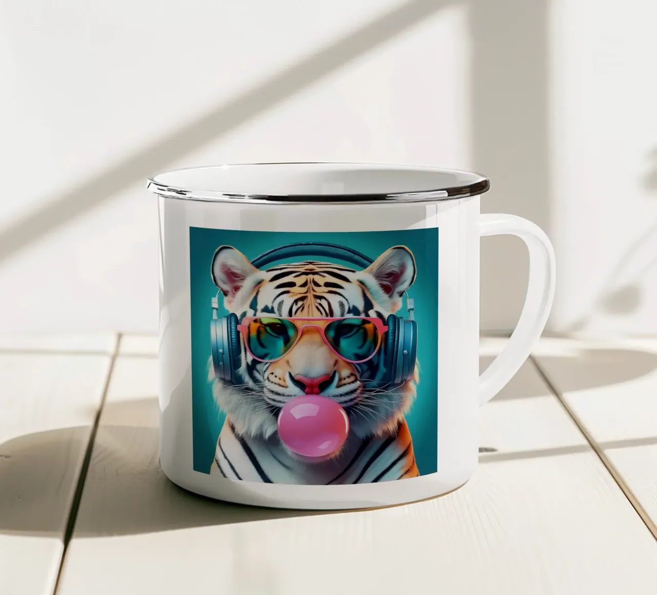 Cooler Tiger Kunstdruck - Funky Kopfhörer & Bubble Gum Emaille Tasse von FlexiDesignsByK