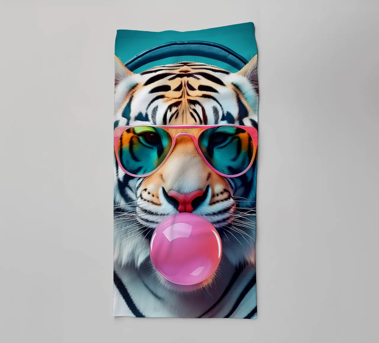 Cooler Tiger Kunstdruck - Funky Kopfhörer & Bubble Gum Handtuch von FlexiDesignsByK
