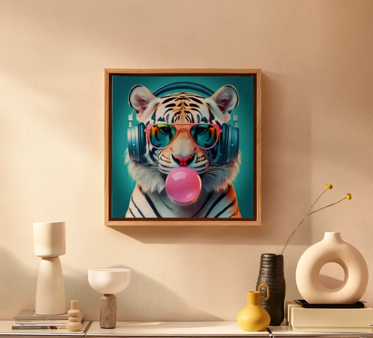 Impresión artística de un tigre guay - Auriculares funky y chicle lienzo con Marco flotante de FlexiDesignsByK