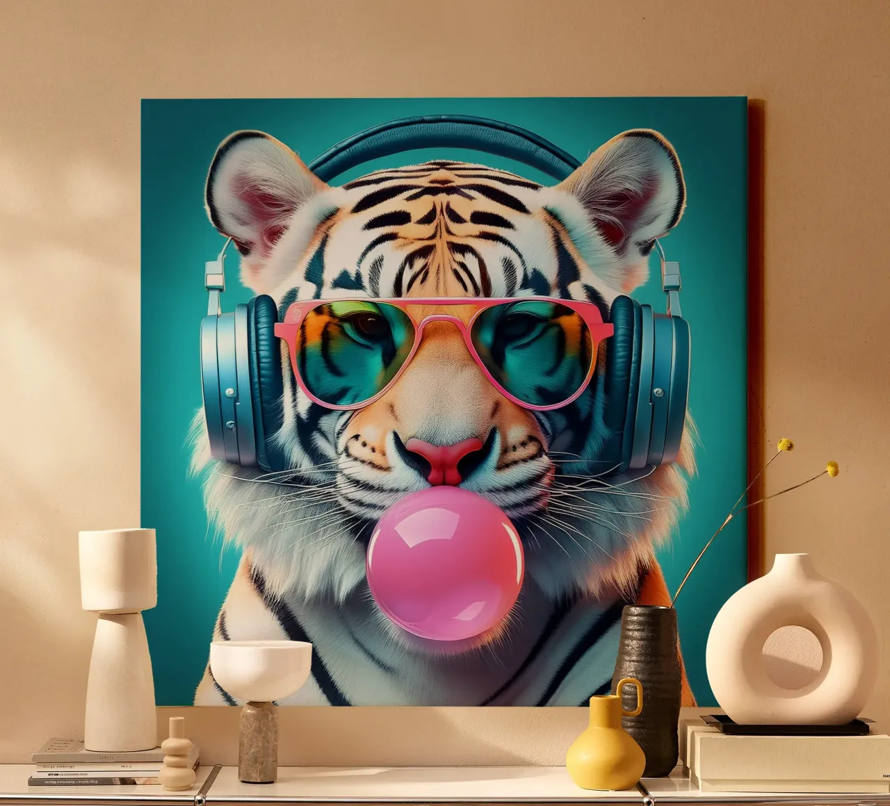 Impresión artística de un tigre guay - Auriculares funky y chicle lienzo con Marco flotante de FlexiDesignsByK