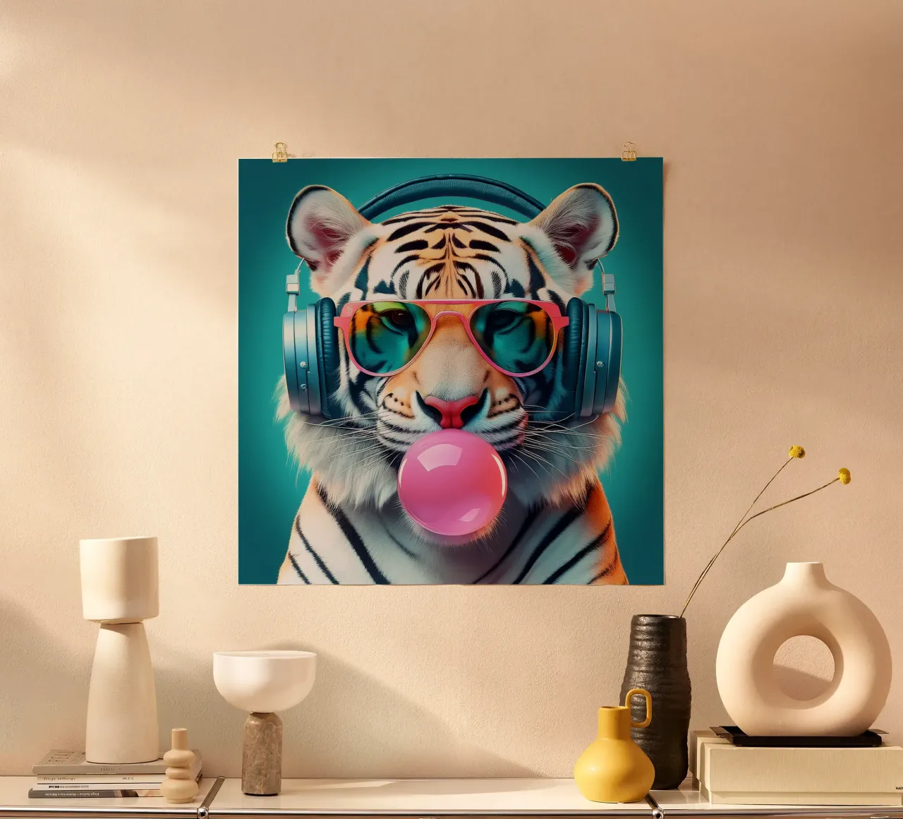 Impresión artística de un tigre guay - Auriculares funky y chicle poster de FlexiDesignsByK