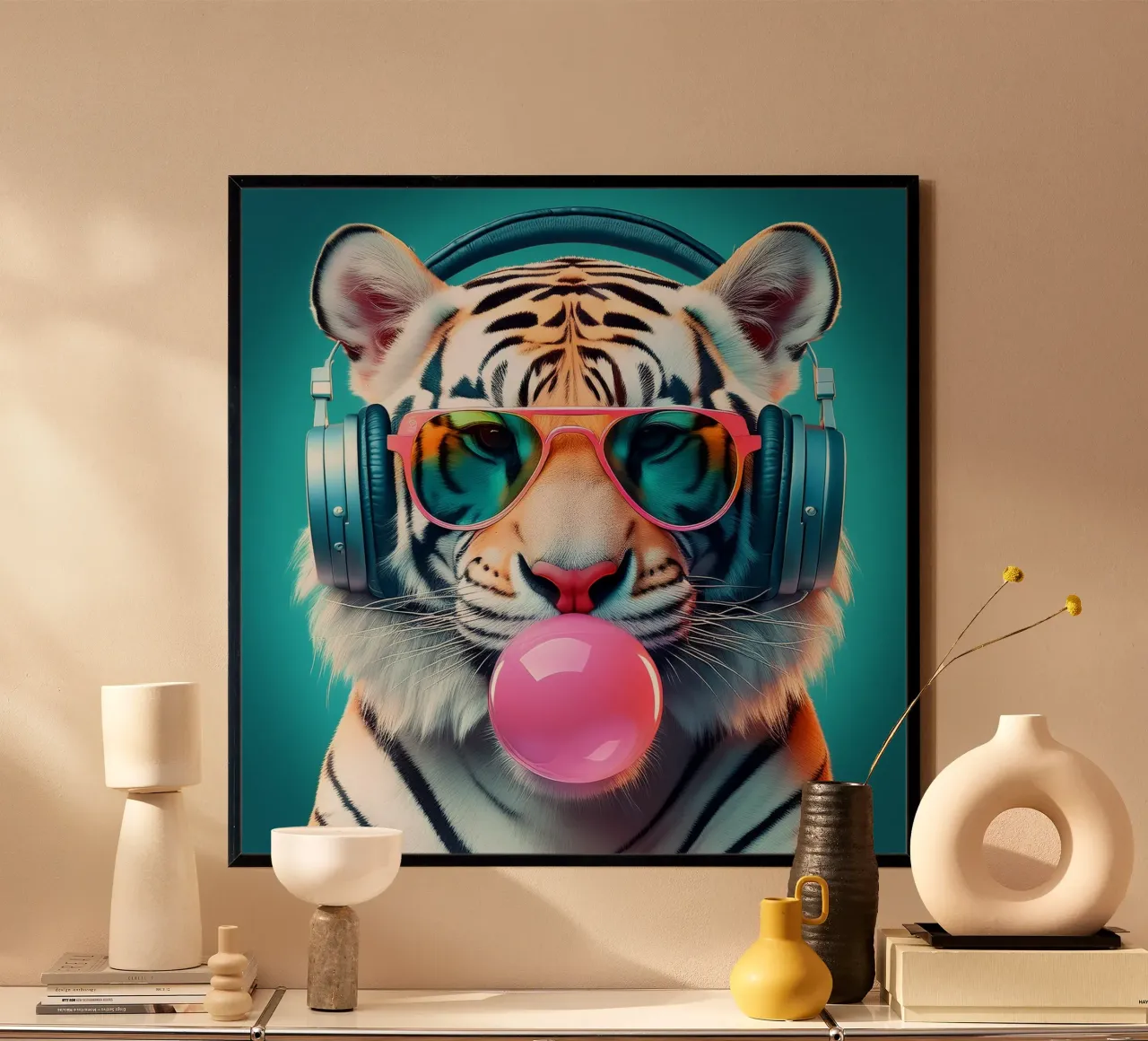 Impresión artística de un tigre guay - Auriculares funky y chicle poster de FlexiDesignsByK