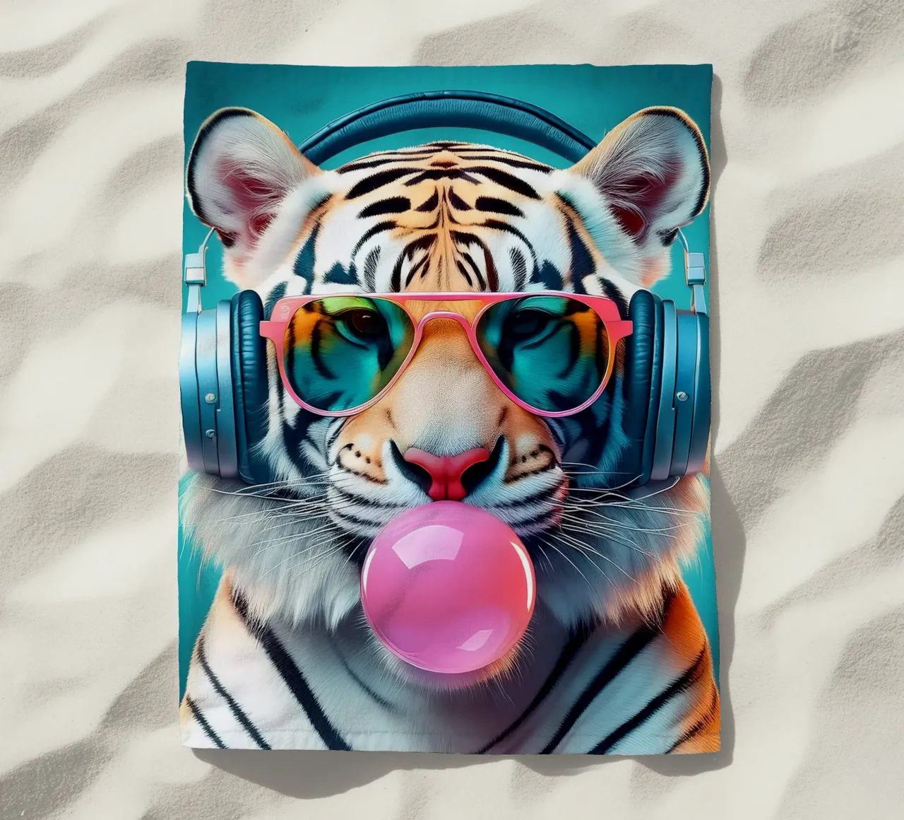 Stampa artistica Cool Tiger - Cuffie funky e gomme da masticare telo mare da FlexiDesignsByK
