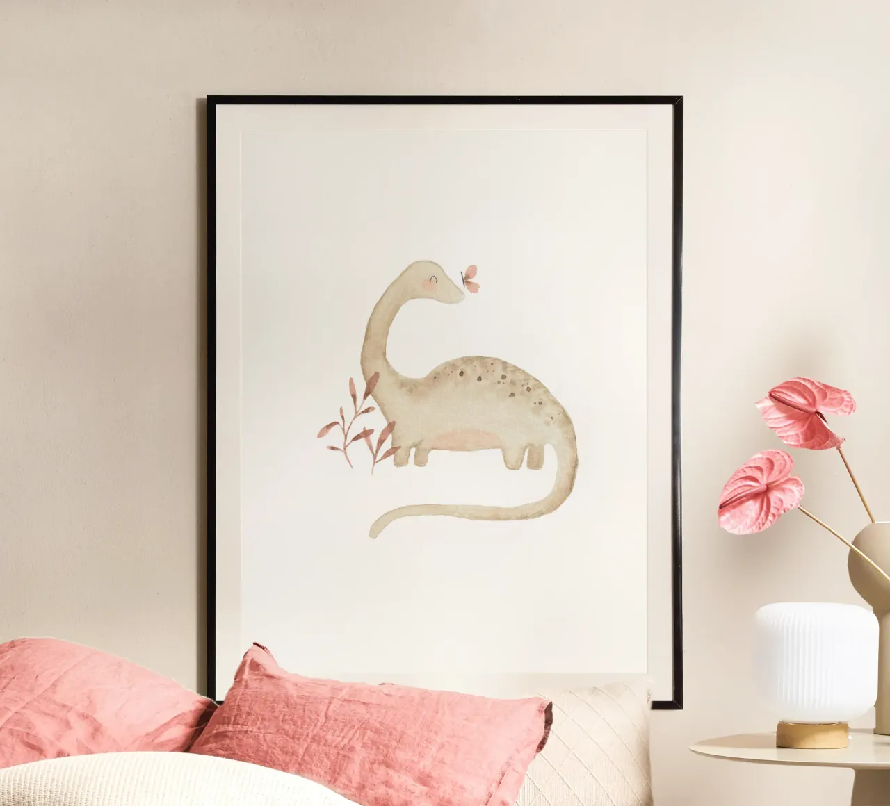 Dino con farfalla - illustrazione per l'asilo nido carta hahnemühle da youdiful