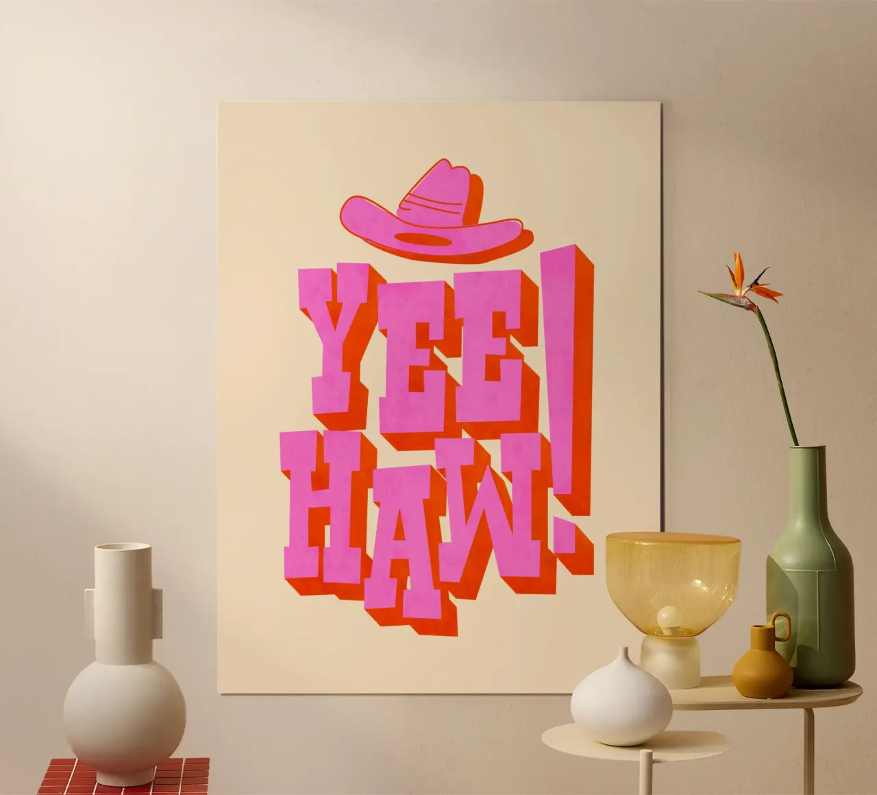 Tipografia retrò occidentale Yeehaw - Arte del cowboy rosa e arancione poster con telaio in legno da showmemars