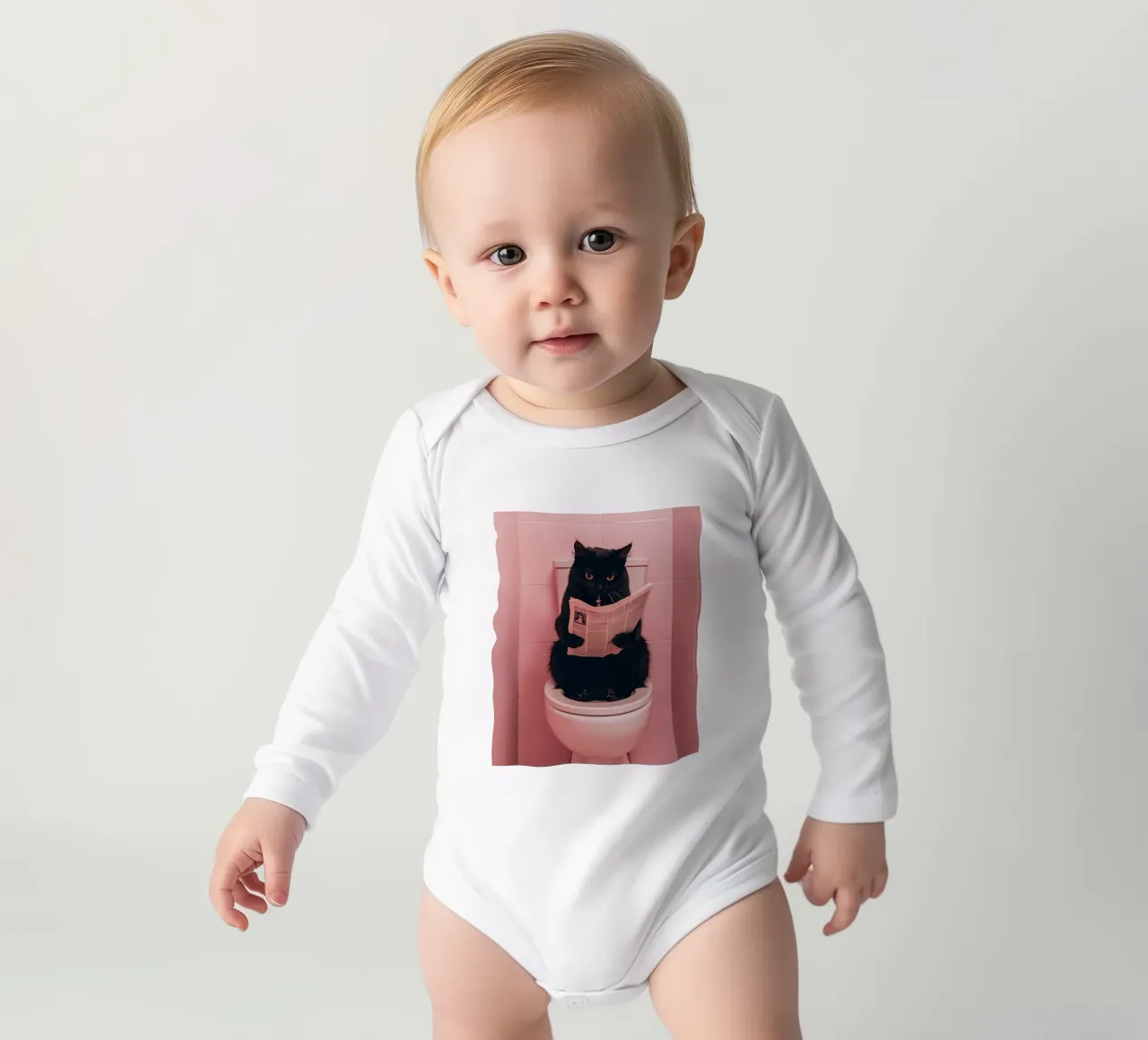a black cat sitting on an open toilet, reading a newspaper long-sleeve baby romper by bonglantrungmuoi
