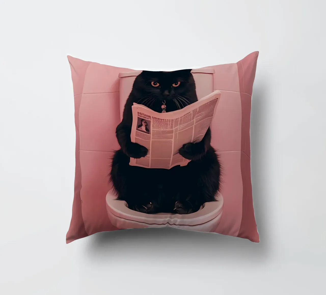 eine schwarze Katze, die auf einer offenen Toilette sitzt und eine Zeitung liest Kissen von bonglantrungmuoi