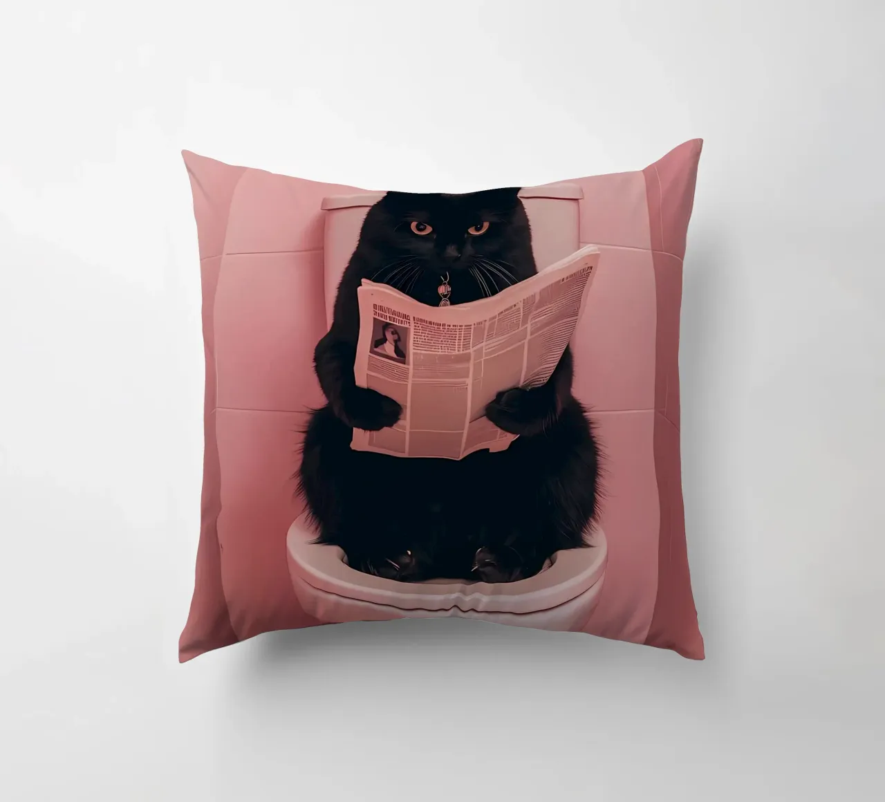 eine schwarze Katze, die auf einer offenen Toilette sitzt und eine Zeitung liest Kissen von bonglantrungmuoi
