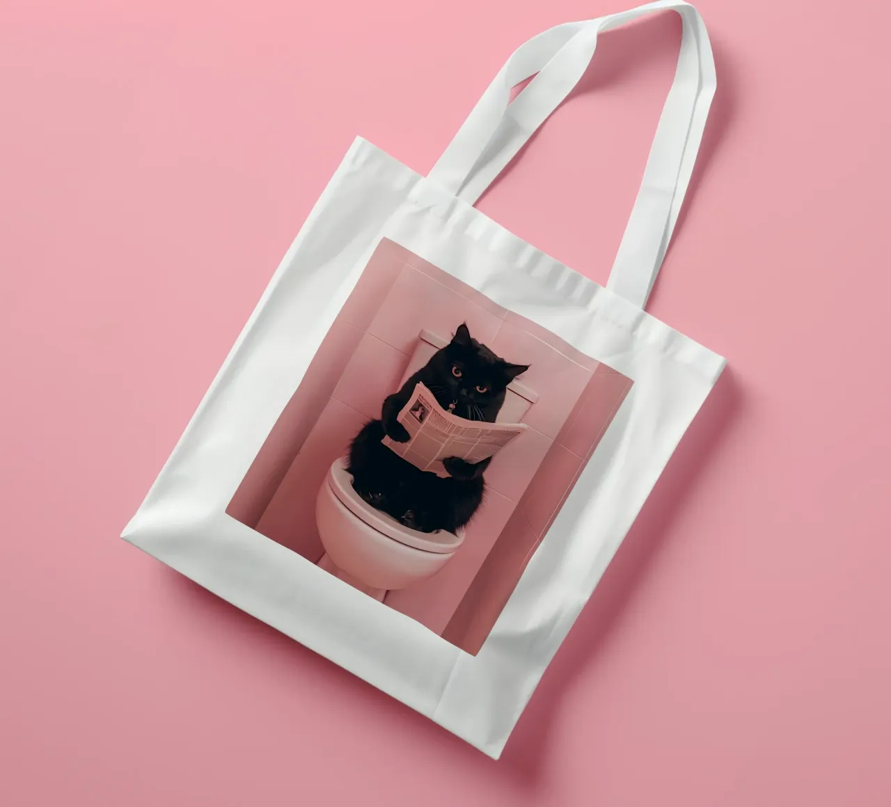 a black cat sitting on an open toilet, reading a newspaper tote bag by bonglantrungmuoi