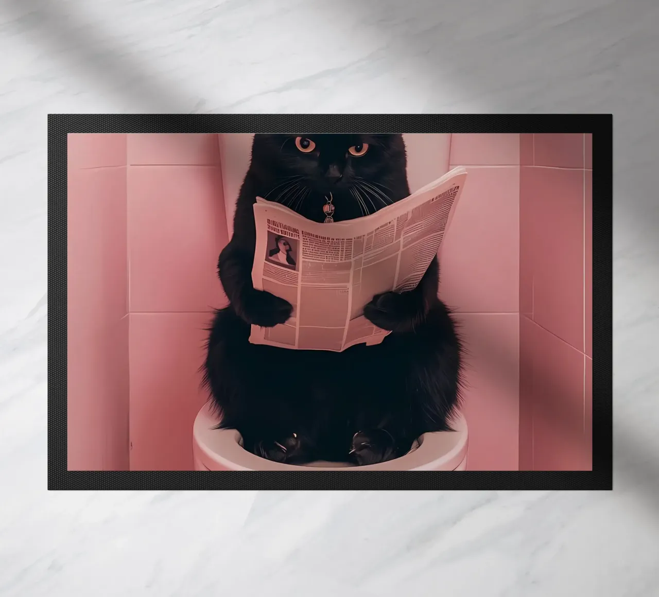 a black cat sitting on an open toilet, reading a newspaper doormat by bonglantrungmuoi