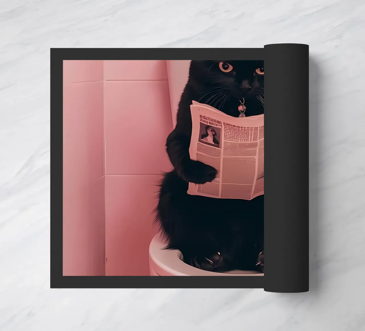 a black cat sitting on an open toilet, reading a newspaper doormat by bonglantrungmuoi