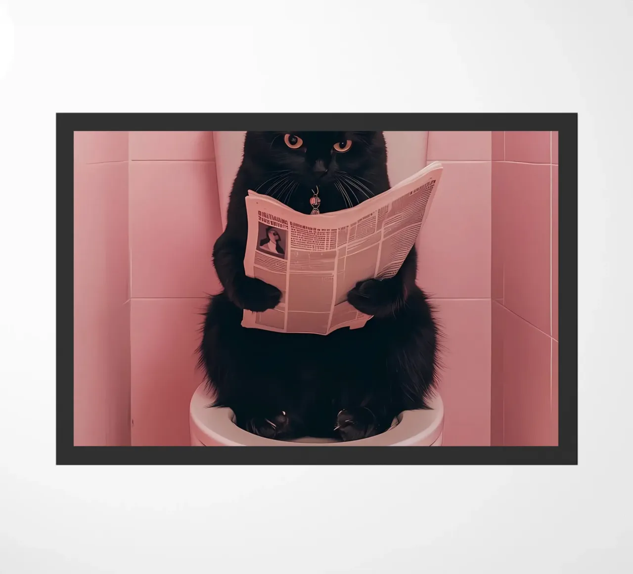a black cat sitting on an open toilet, reading a newspaper doormat by bonglantrungmuoi
