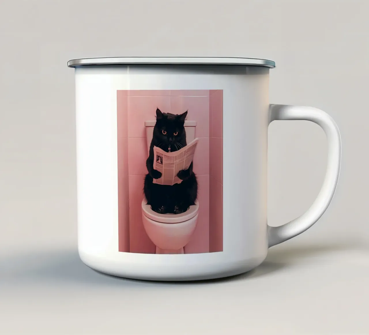 een zwarte kat zit op een open toilet een krant te lezen emaille mok van bonglantrungmuoi
