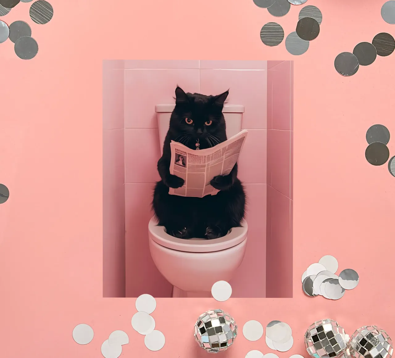 un gatto nero seduto su un gabinetto aperto, che legge un giornale adesivo da bonglantrungmuoi