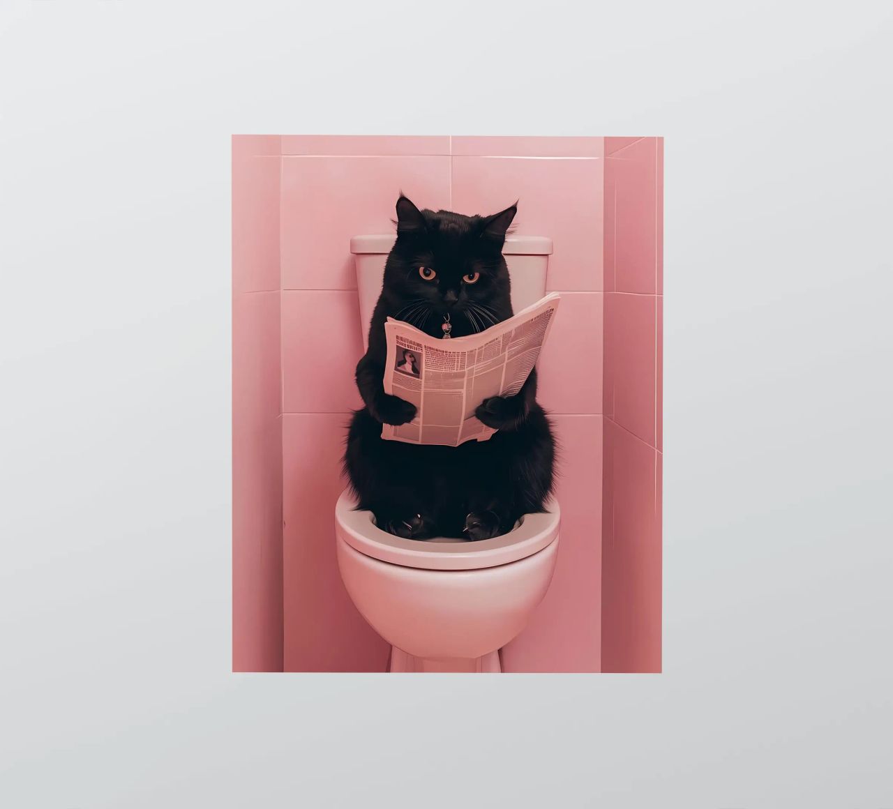 un chat noir assis sur une toilette ouverte, lisant un journal autocollant de bonglantrungmuoi
