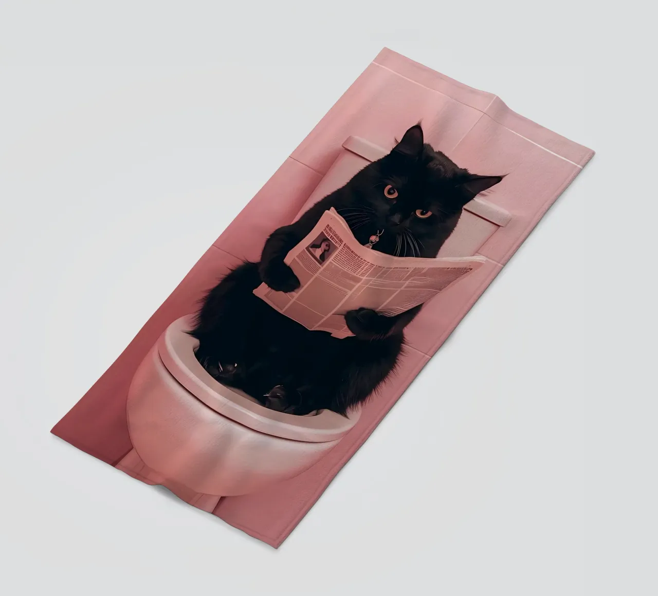 a black cat sitting on an open toilet, reading a newspaper beach towel by bonglantrungmuoi