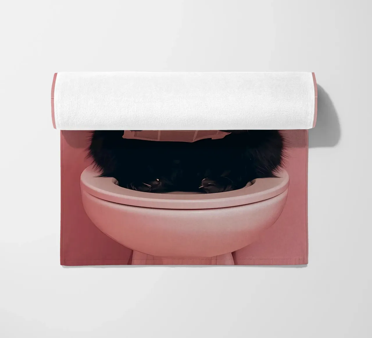 a black cat sitting on an open toilet, reading a newspaper beach towel by bonglantrungmuoi