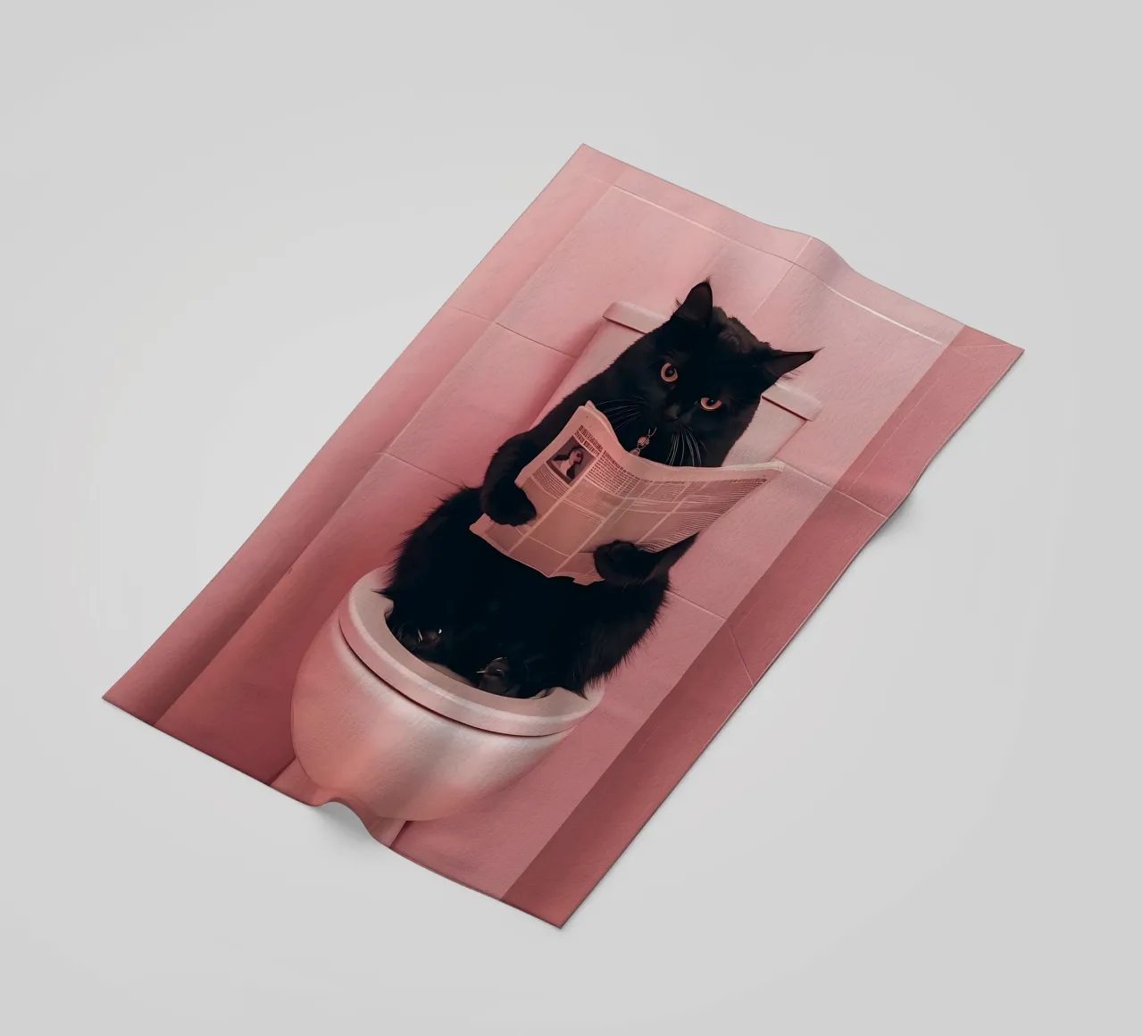 a black cat sitting on an open toilet, reading a newspaper beach towel by bonglantrungmuoi