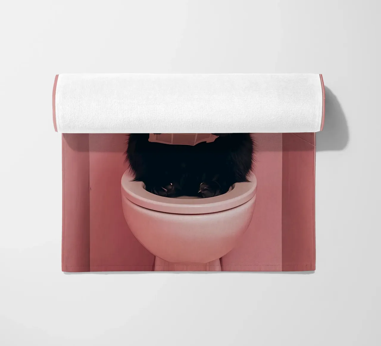 a black cat sitting on an open toilet, reading a newspaper beach towel by bonglantrungmuoi