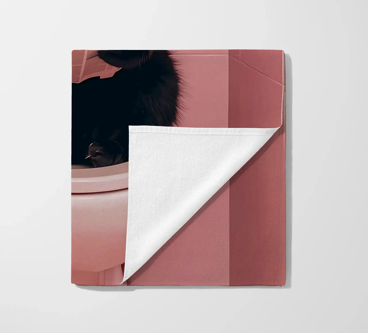 a black cat sitting on an open toilet, reading a newspaper beach towel by bonglantrungmuoi