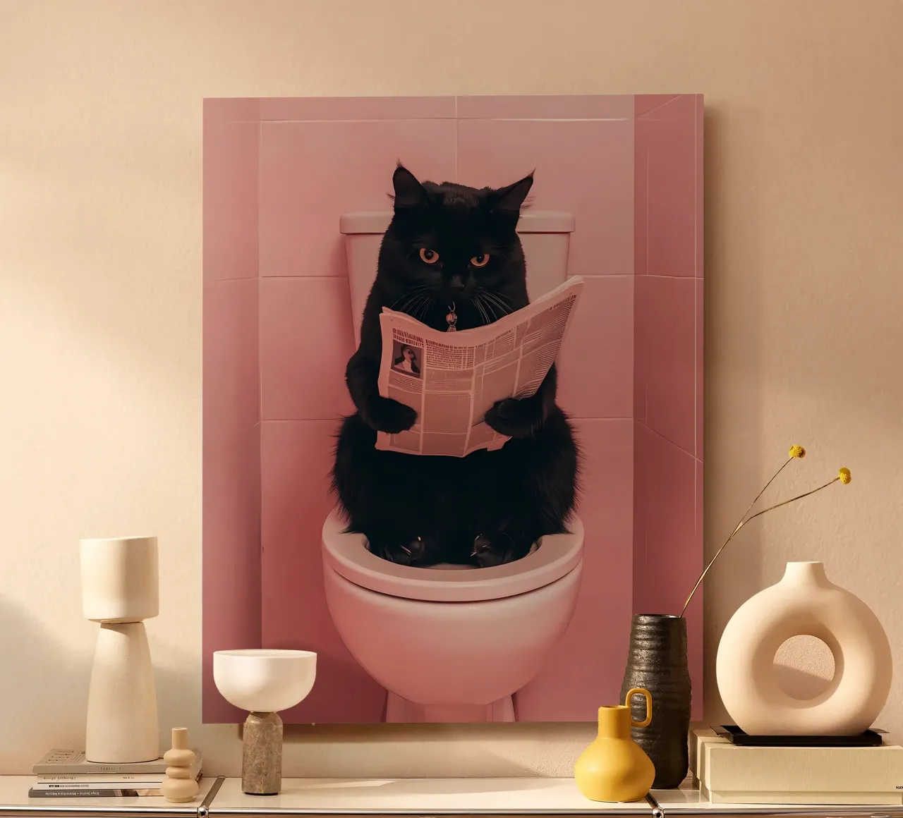 a black cat sitting on an open toilet, reading a newspaper alu-dibond by bonglantrungmuoi