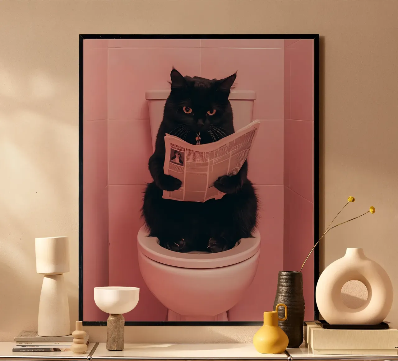 a black cat sitting on an open toilet, reading a newspaper poster with aluminum frame by bonglantrungmuoi