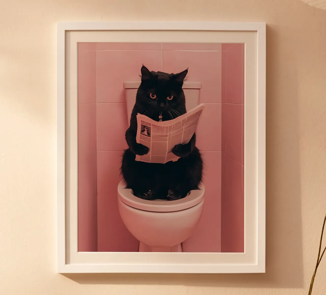 a black cat sitting on an open toilet, reading a newspaper poster with aluminum frame by bonglantrungmuoi