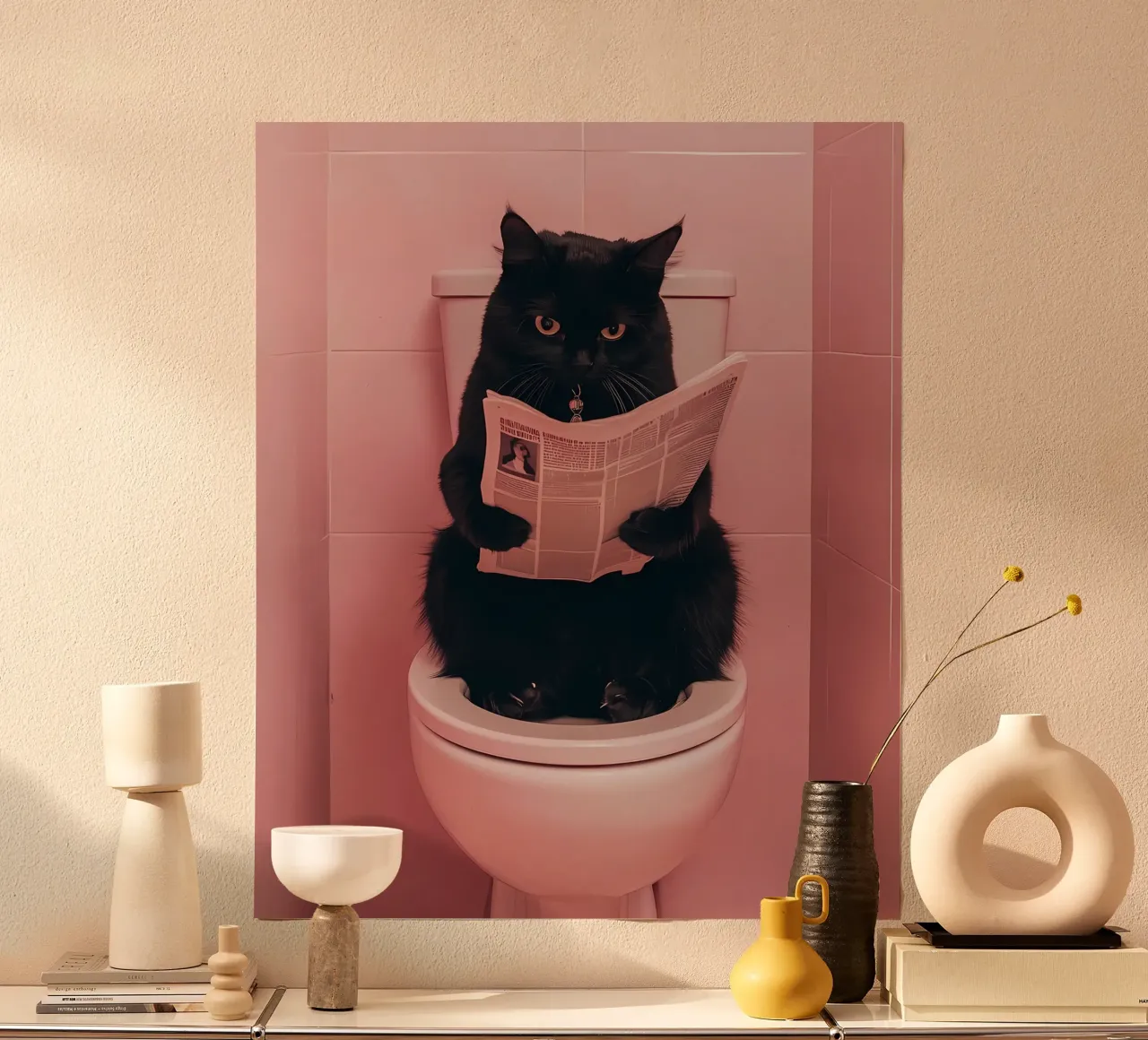 a black cat sitting on an open toilet, reading a newspaper poster with aluminum frame by bonglantrungmuoi