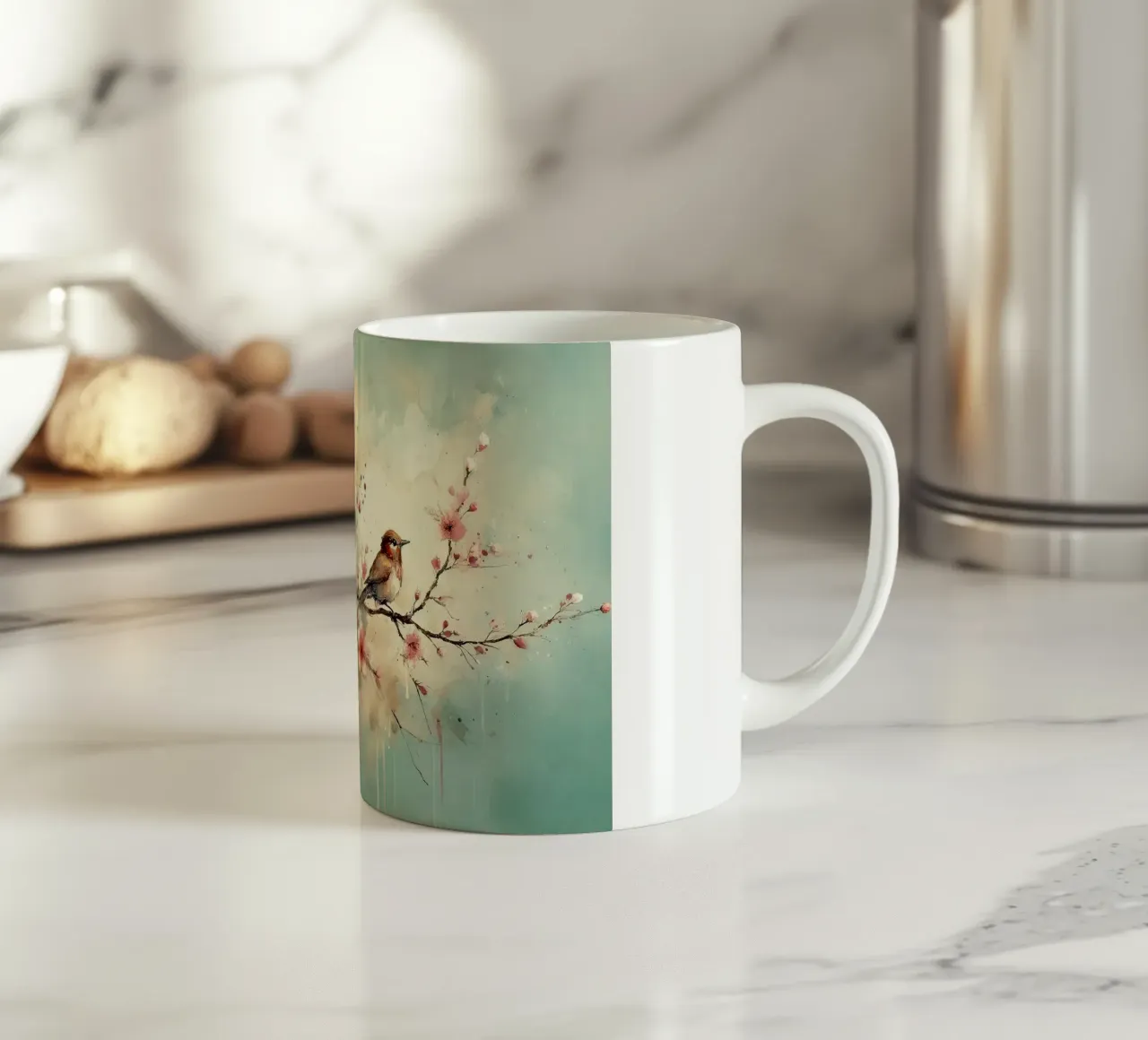 Sussurri di fiori di ciliegio su brezza verde acqua tazza in ceramica da Chromatic Fusion Studio