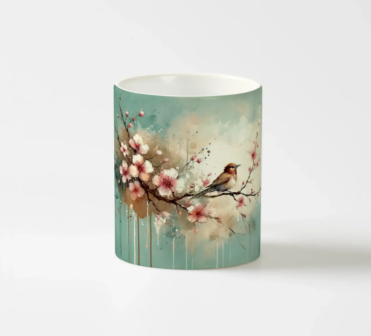 Sussurri di fiori di ciliegio su brezza verde acqua tazza in ceramica da Chromatic Fusion Studio