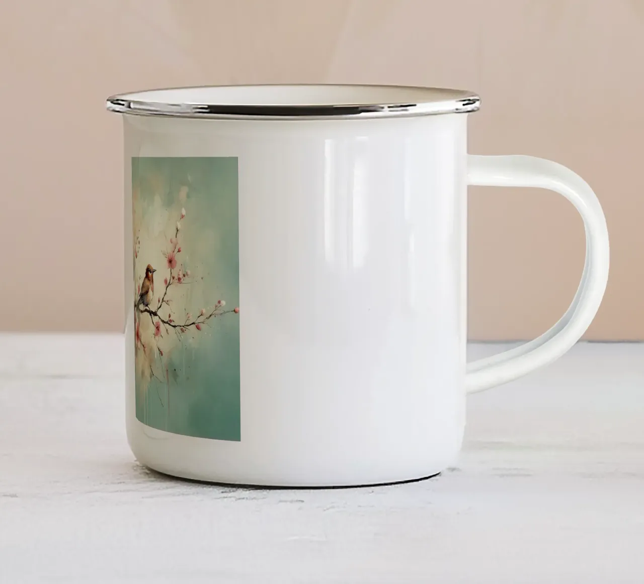 Sussurri di fiori di ciliegio su brezza verde acqua tazza in smalto da Chromatic Fusion Studio