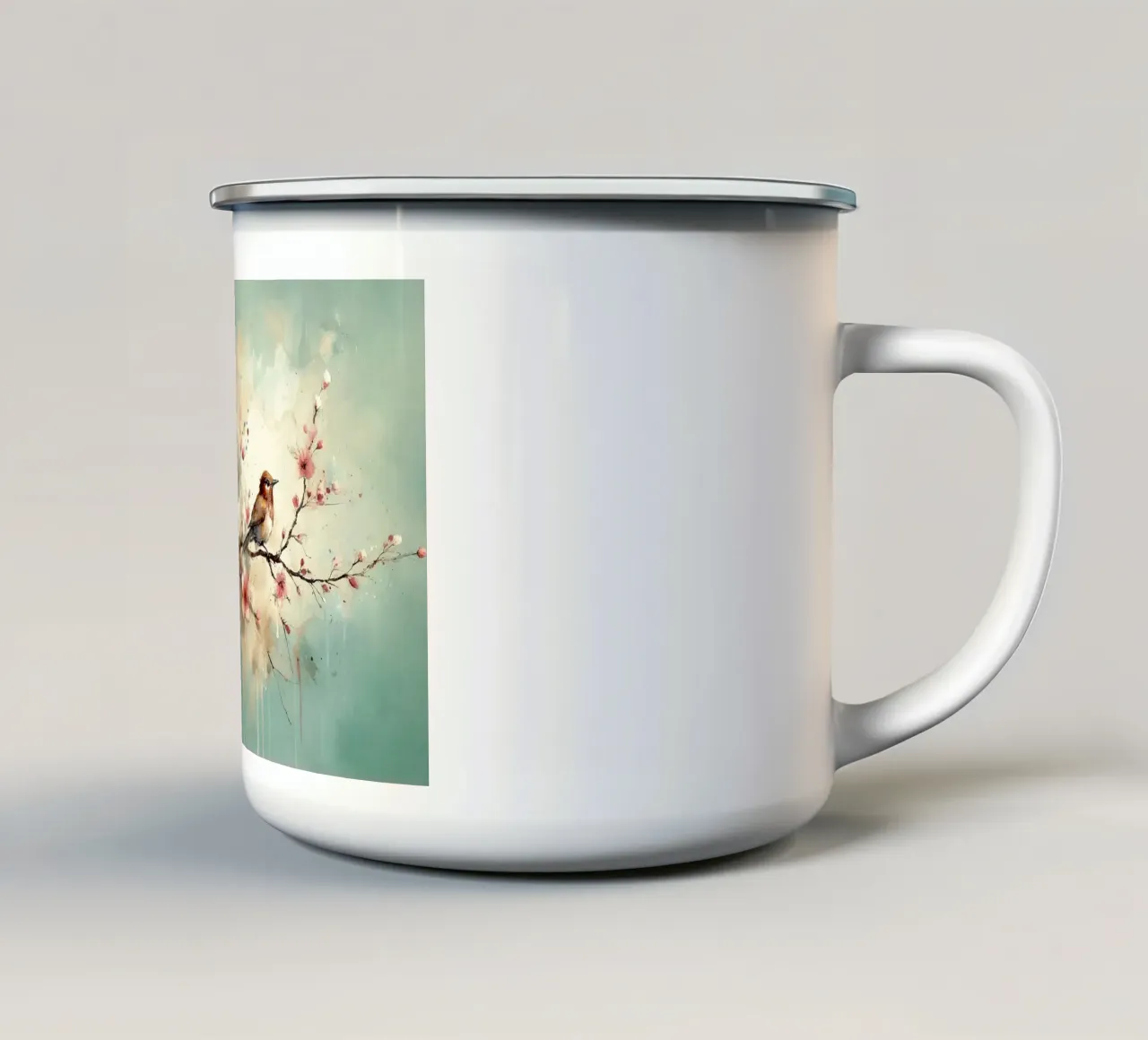 Sussurri di fiori di ciliegio su brezza verde acqua tazza in smalto da Chromatic Fusion Studio
