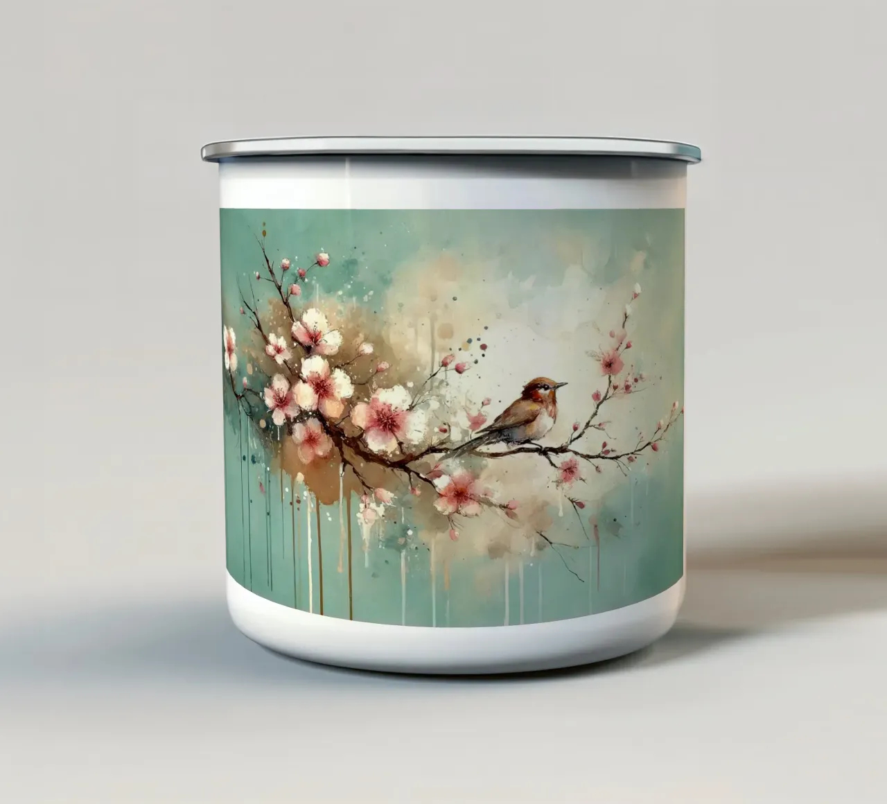 Sussurri di fiori di ciliegio su brezza verde acqua tazza in smalto da Chromatic Fusion Studio