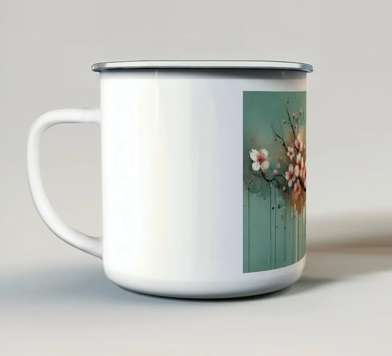 Sussurri di fiori di ciliegio su brezza verde acqua tazza in smalto da Chromatic Fusion Studio