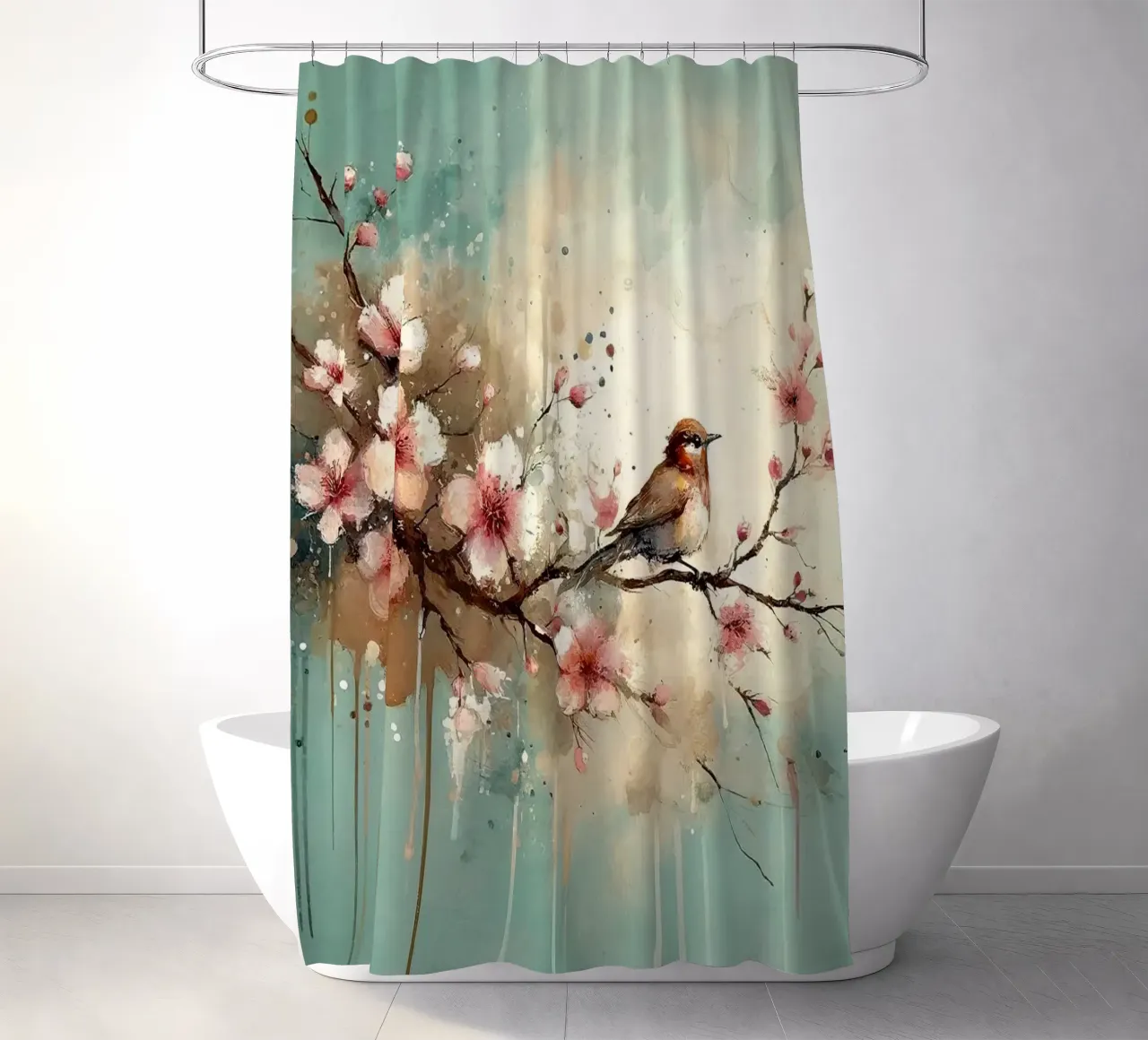 Cherry Blossoms Whispers on Teal Breeze shower curtain by Chromatic Fusion Studio