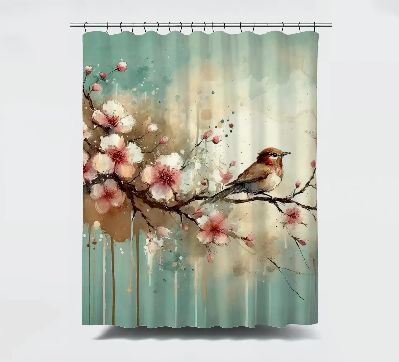 Cherry Blossoms Whispers on Teal Breeze shower curtain by Chromatic Fusion Studio