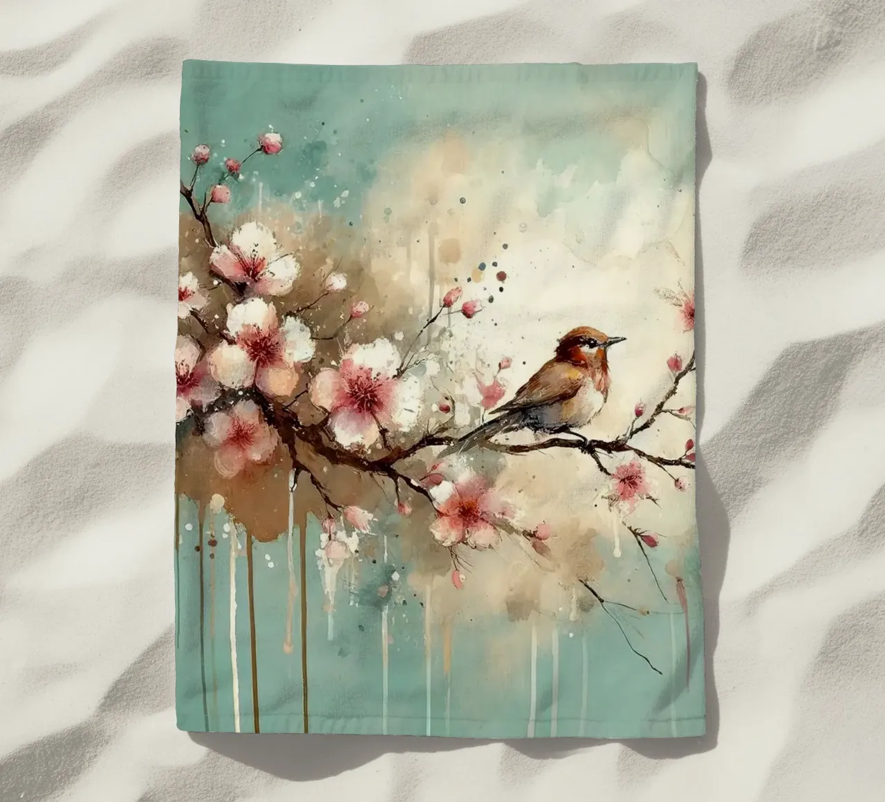 Cherry Blossoms Whispers on Teal Breeze beach towel by Chromatic Fusion Studio