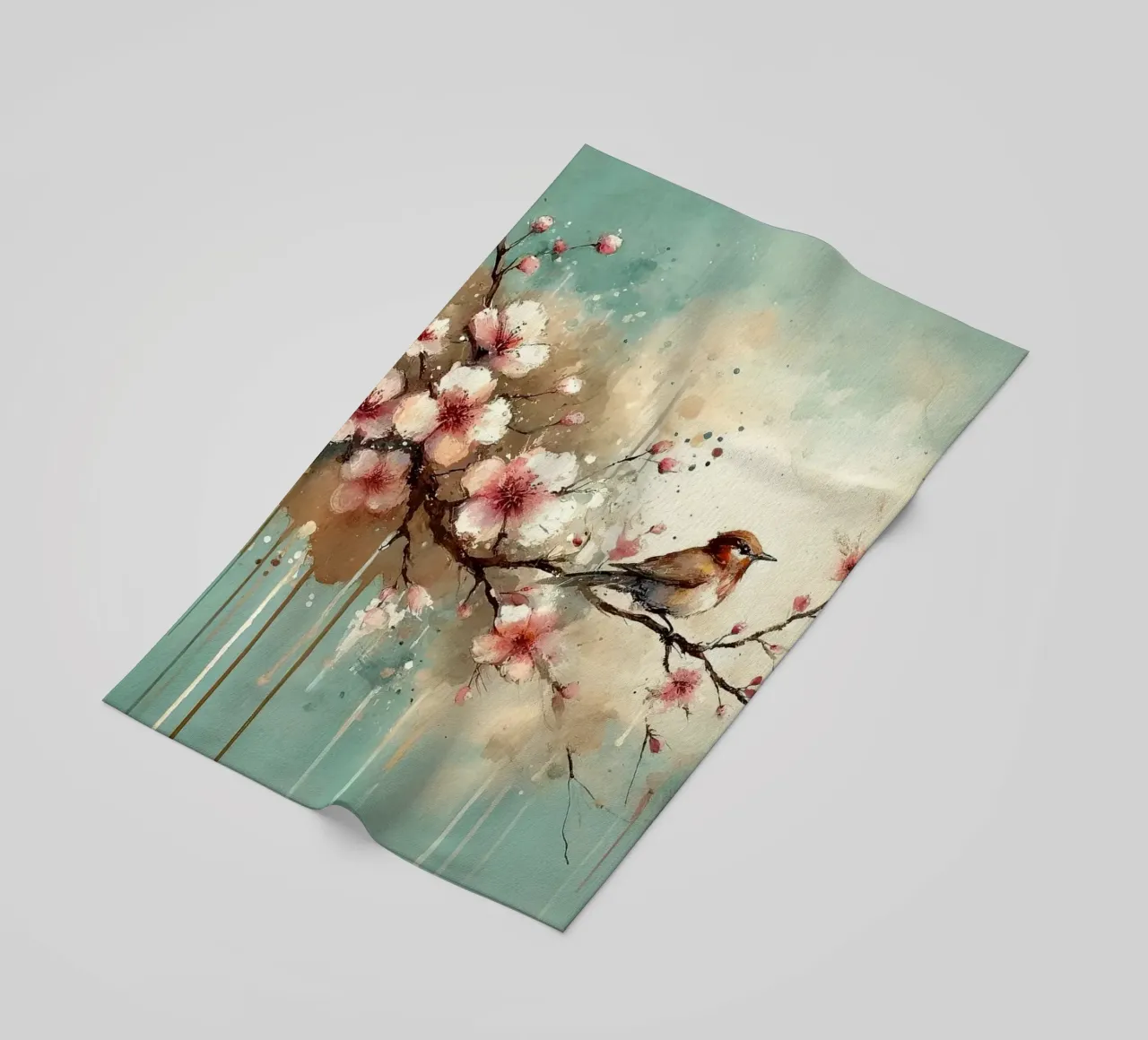 Cherry Blossoms Whispers on Teal Breeze beach towel by Chromatic Fusion Studio