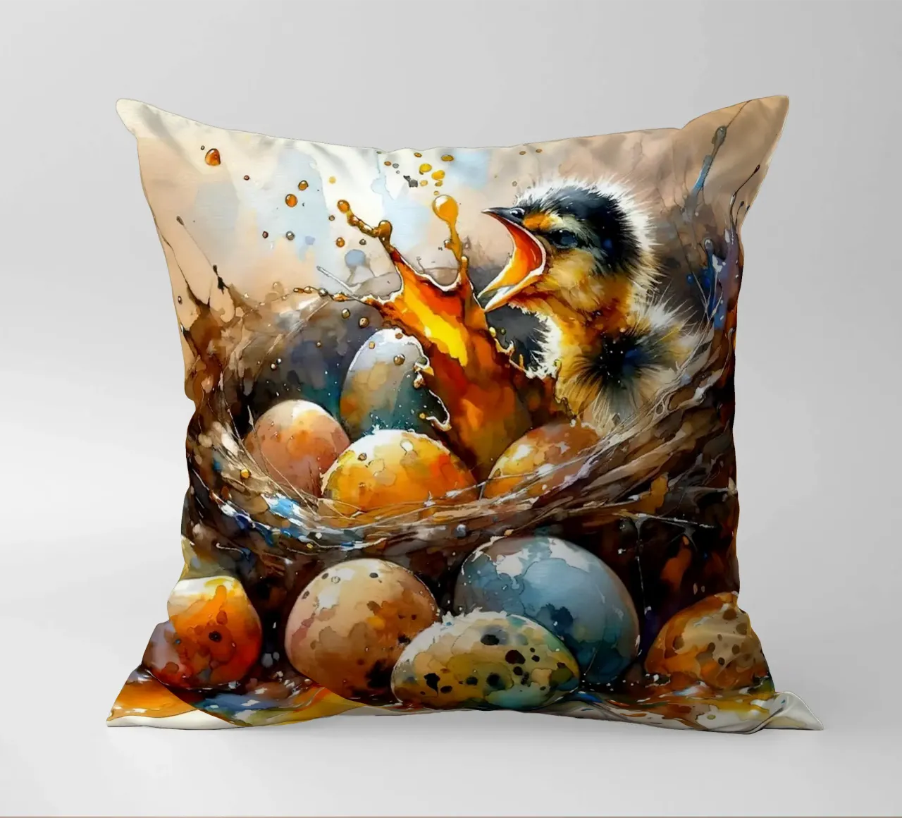 Chick's First Glimpse of the World decorative cushion by Chromatic Fusion Studio
