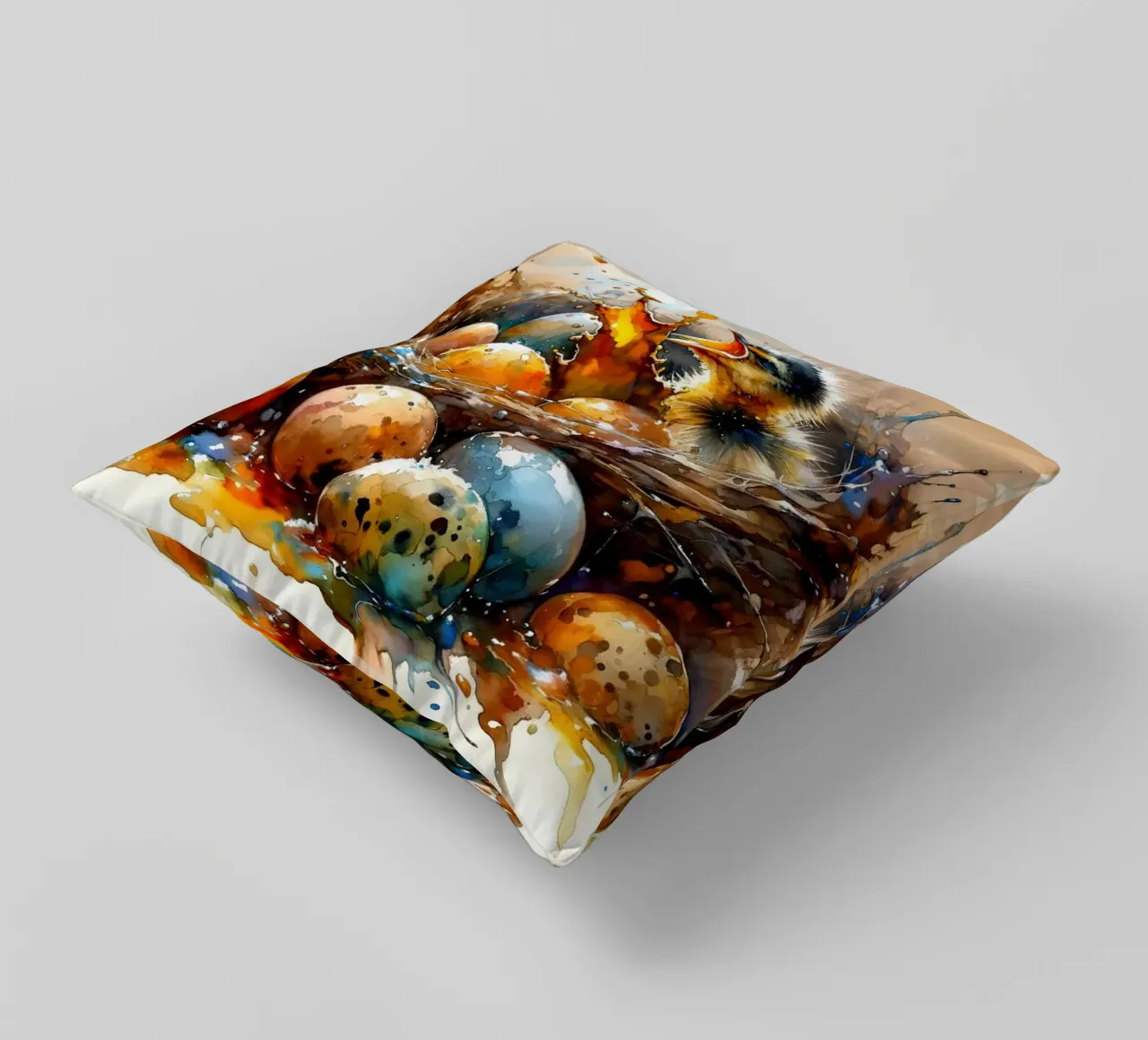 Chick's First Glimpse of the World decorative cushion by Chromatic Fusion Studio