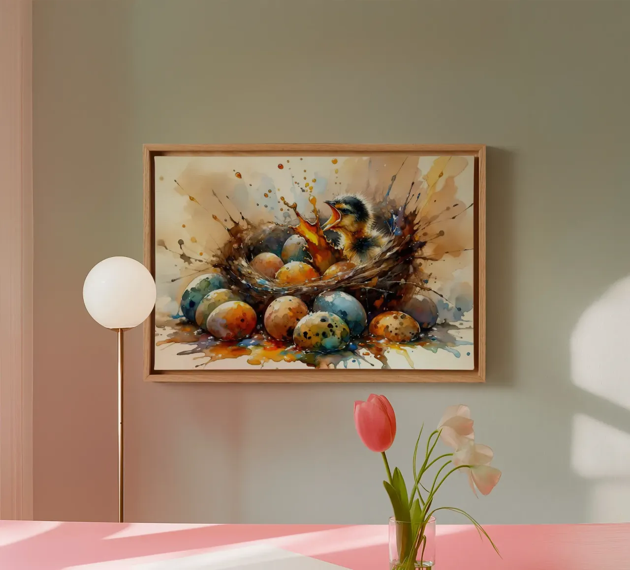 Chick's First Glimpse of the World Leinwand mit Schattenfugenrahmen von Chromatic Fusion Studio