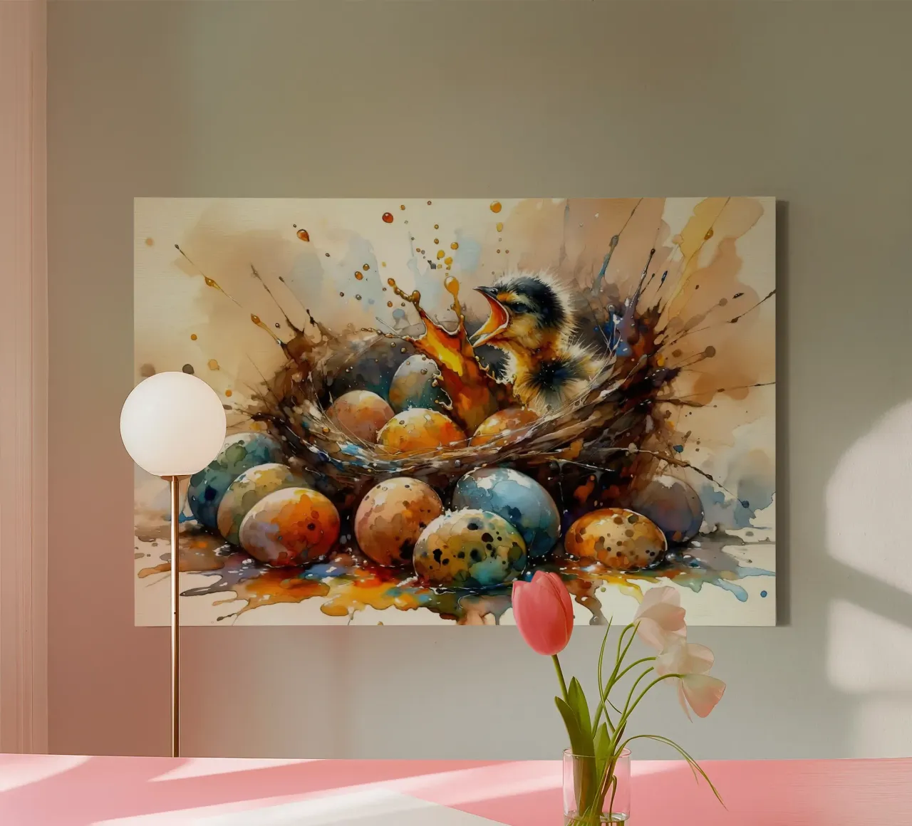 Chick's First Glimpse of the World Leinwand mit Schattenfugenrahmen von Chromatic Fusion Studio