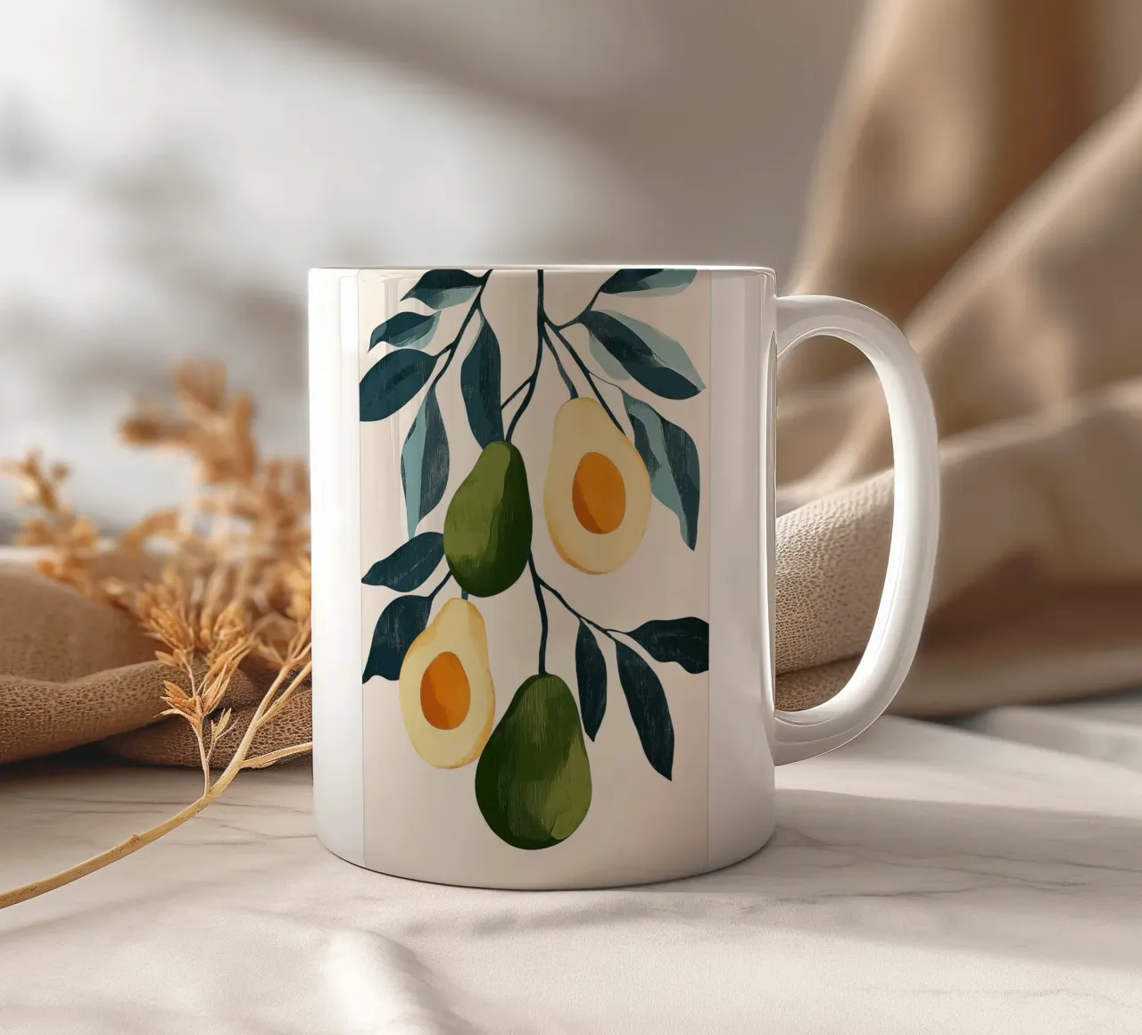 Illustrazione di avocado con foglie tazza in ceramica da Melloi Art Print