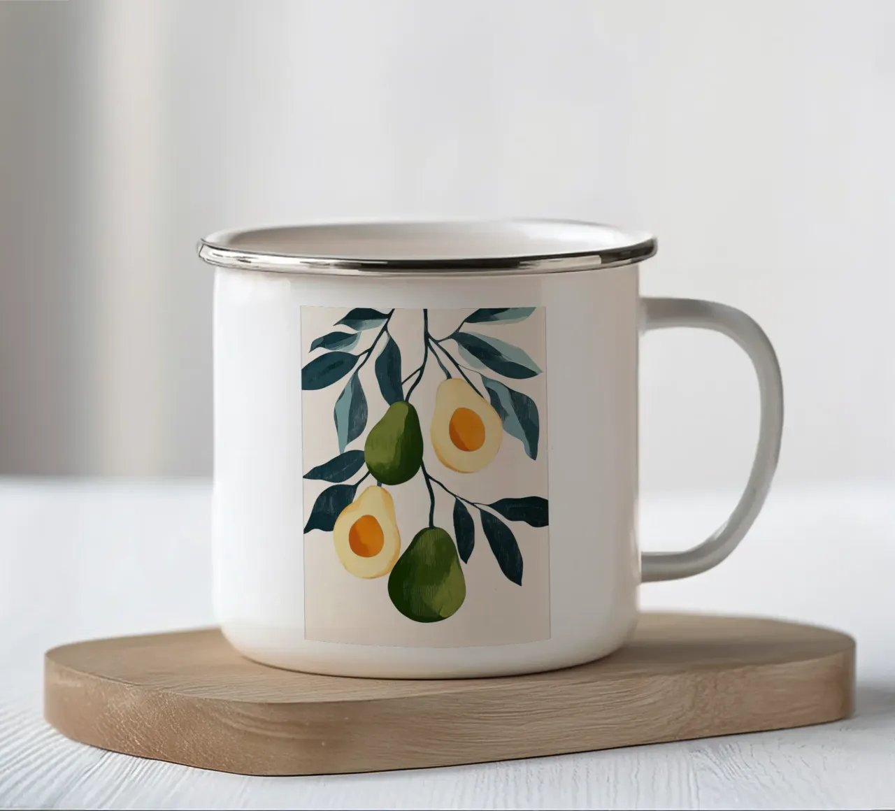 Illustrazione di avocado con foglie tazza in smalto da Melloi Art Print