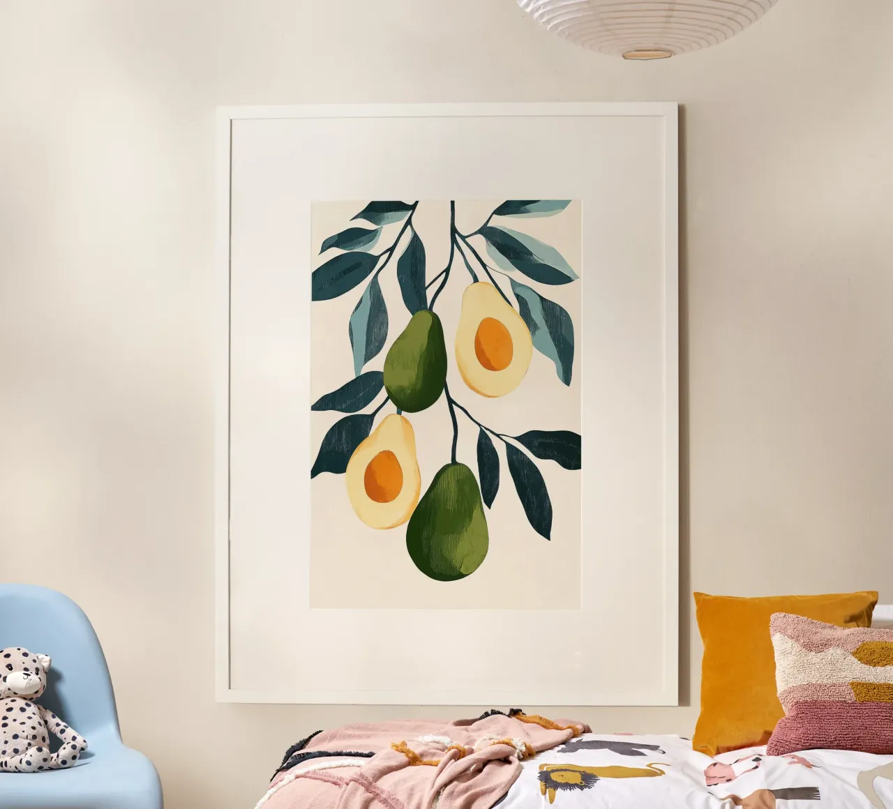 Illustrazione di avocado con foglie poster con telaio in plastica da Melloi Art Print