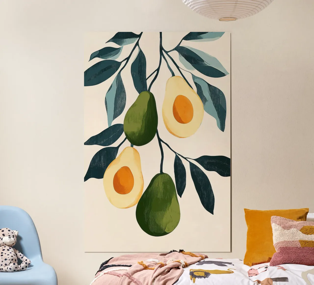 Illustrazione di avocado con foglie poster con telaio in plastica da Melloi Art Print